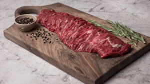 Irish Beef - Bavette-Cut. Ein roher Beef Cut auf einem Teller.